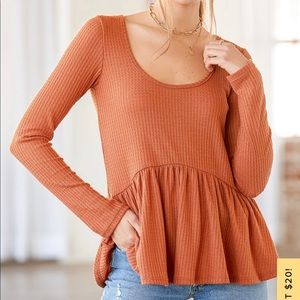 Lulu’s Rust Waffle Knit Long Sleeve Babydoll Top